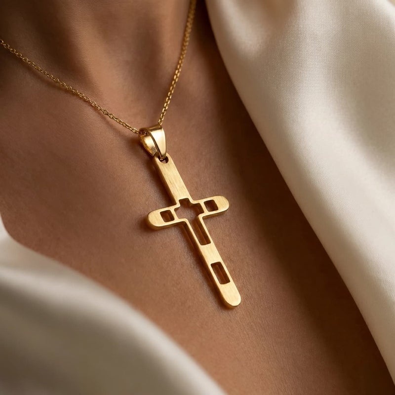 A large gold-tone cross pendant (chain not included), crafted from rust-resistant stainless steel, featuring an elegant openwork design. A modern accessory that adds a touch of distinction and spirituality to your look. - Image 4